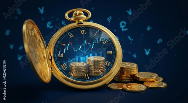 Fototapeta Relógio de Ouro com Moedas e Gráficos Financeiros
