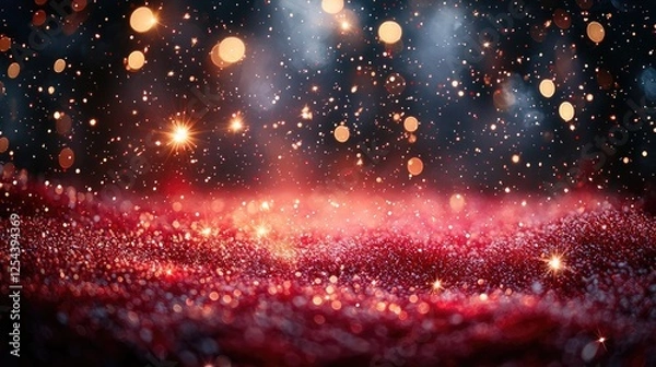 Fototapeta Sparkling red glitter with bokeh lights creating a magical atmosphere in the background