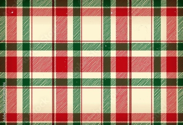 Fototapeta Authentic Hand-Stitched Plaid: Vintage Christmas Red, Green, and White Lines on Cream, Classic Country Style for Festive Fabric and Wallpaper Design

