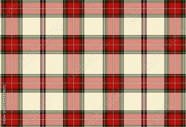 Fototapeta Charming Christmas Plaid: Seamless Red, Green, and White Pattern on Cream Background, Vintage Country Style Fabric with Hand-Stitched Detail for Holiday Crafts

