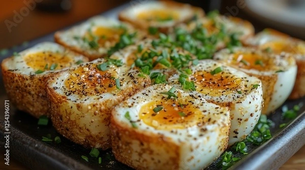 Fototapeta A delectable dish showcasing perfectly cooked eggs encased in crispy rice. Topped with fresh herbs and spices, this appetizing plate adds flavor and sophistication to any meal.