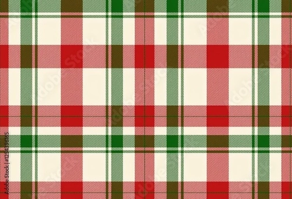 Fototapeta Cozy Vintage Christmas Plaid: Seamless Red, Green, and White Pattern on Cream, Rustic Country Style Fabric with Hand-Stitched Look for Holiday Projects

