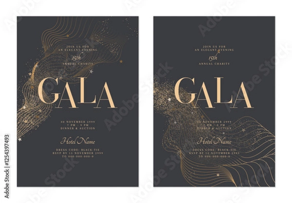 Obraz Charity gala dinner invitation features flowing, minimalist organic gold lines, glitter and stars on dark muted gray background, creating a sophisticated and elegant look