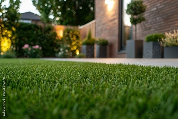 Fototapeta Lush green artificial grass in a modern backyard with elegant planters and soft evening lighting