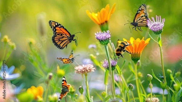 Fototapeta A close-up of bees and butterflies pollinating flowers