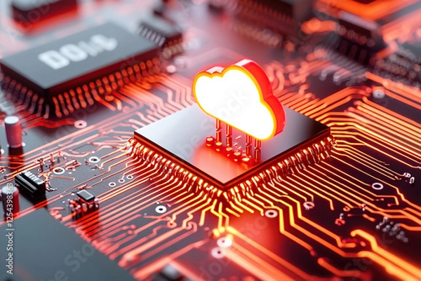 Obraz glowing cloud icon is integrated into circuit board, symbolizing cloud computing technology and digital connectivity. image highlights concept of multi cloud infrastructures and data processing