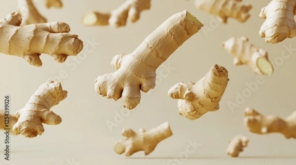 Obraz Floating ginger roots, beige background, food photography, healthy recipe (1)