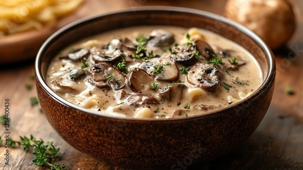 Fototapeta A delicious bowl of creamy mushroom soup garnished with fresh herbs, perfect for cozy meals and comforting flavors. Ideal for food lovers and culinary enthusiasts.