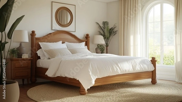 Fototapeta 27.A serene bedroom featuring a wooden bed dressed in crisp white linens, surrounded by warm neutral tones, a woven rug, and a small potted plant by the bedside.