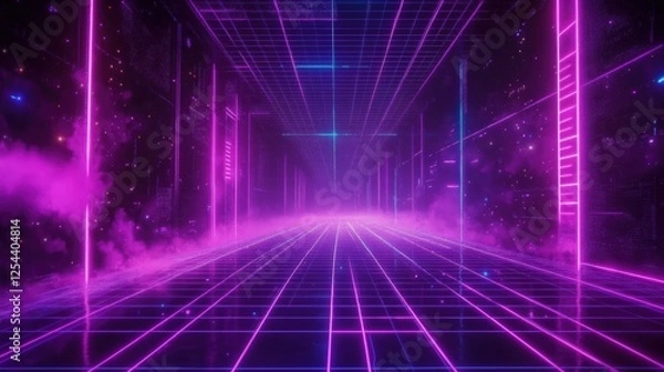 Fototapeta Futuristic retro landscape. Digital cyber surface with neon light grid. Cyberspace or metaverse. Technology, ai and vr concept. Virtual reality. 80s and 90s retrowave, synthwave, vaporwave style