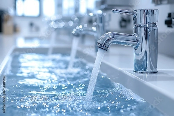 Fototapeta Modern kitchen sink with flowing water, reflecting bright light, creating a serene atmosphere