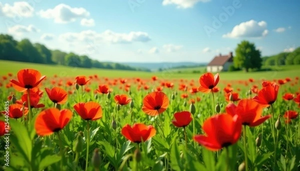 Fototapeta A carpet of red poppies stretches across a lush green meadow, countryside landscape, spring flowers
