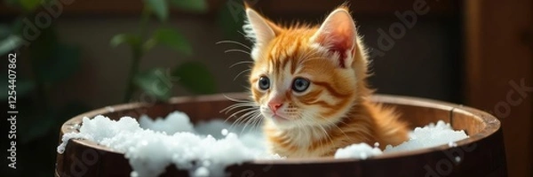 Fototapeta A ginger kitten taking a bath with soap bubbles in barrel, soap, ginger
