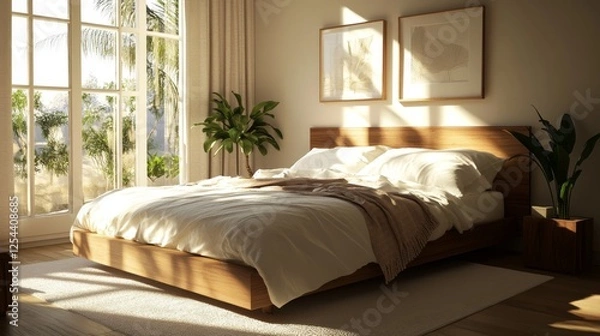 Fototapeta 29.A Scandinavian-style bedroom showcasing a wooden bed with clean white bedding, a minimalist blanket, and soft pillows, framed by earthy decor and sunlight streaming in.