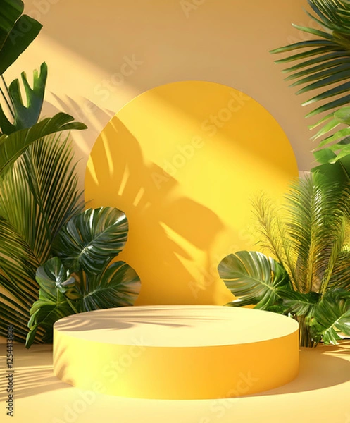 Fototapeta Tropical paradise podium display showcasing product presentation amidst vibrant foliage and warm sunlight cast upon soft yellow backdrop and minimalist shapes