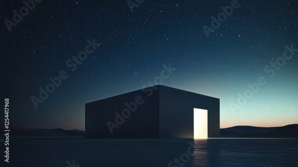 Obraz sleek minimalist warehouse building stands silhouetted against starry night sky, with glowing doorway inviting exploration and wonder