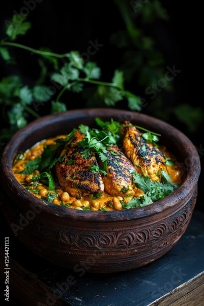 Fototapeta Deliciously plated chicken curry with herbs in a rustic bowl against a dark background