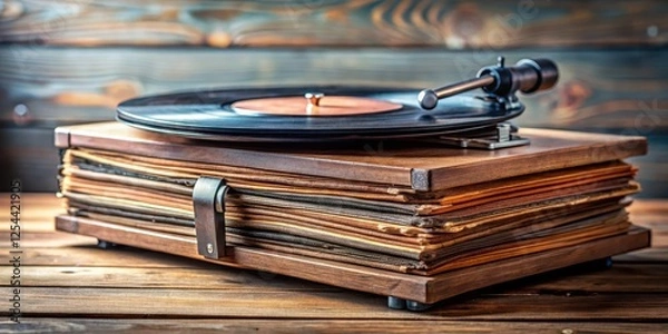 Fototapeta A stack of old vinyl records with a wooden record player in the background , vinyl, records