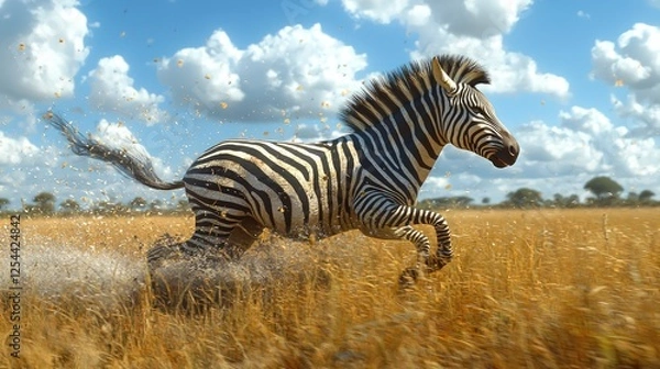 Fototapeta A zebra galloping through golden grasslands under a bright blue sky with fluffy clouds