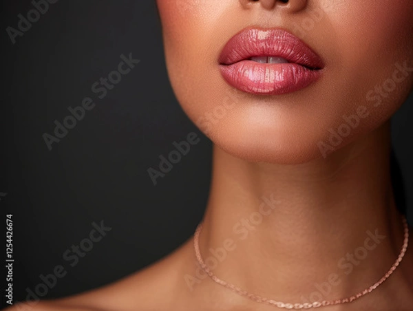 Obraz Luscious Lips: A close-up shot of a woman's lips with glossy pink lipstick, capturing the alluring allure of femininity. The minimalist background allows for a focus on the sensual detail. 