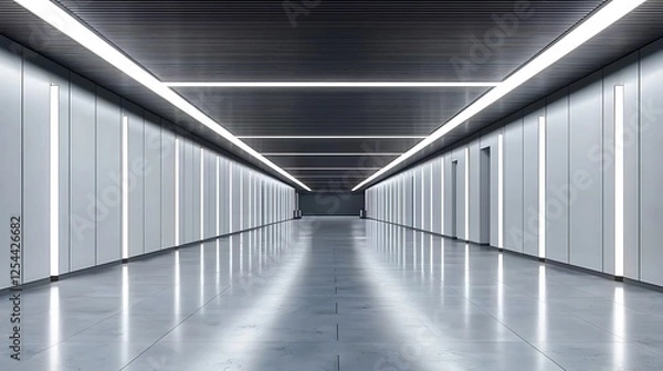Fototapeta Long white corridor with bright lights, indoor architecture, for modern design projects.