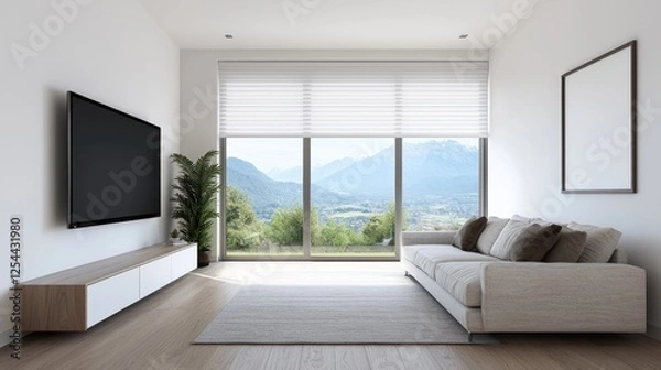 Fototapeta Stylish modern living room with mountain view and minimal decor.