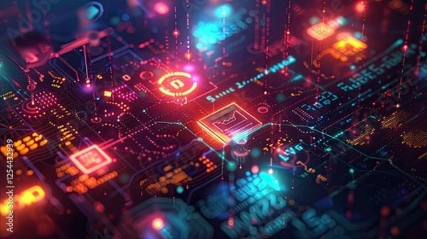 Obraz Glowing symbols and icons representing cyber security awareness and education