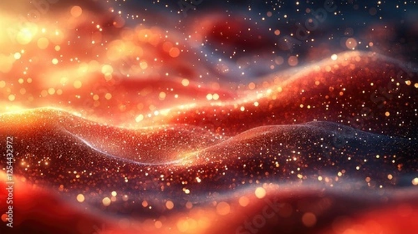 Fototapeta Abstract representation of shimmering waves with golden sparkles in a warm, glowing ambiance