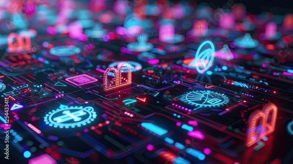 Obraz Glowing symbols and icons representing different sectors of the financial industry