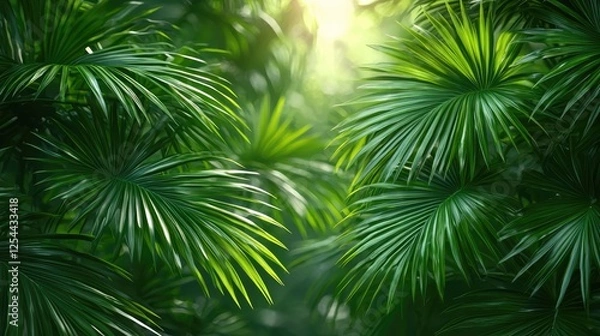 Fototapeta Lush tropical foliage with vibrant green leaves illuminated by soft sunlight in a serene jungle