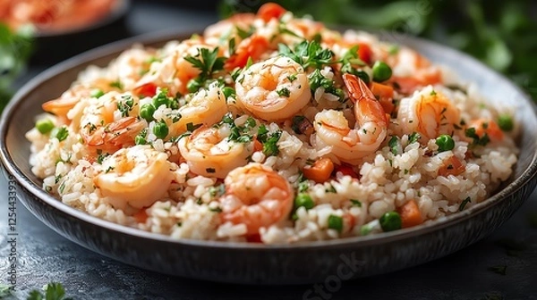 Fototapeta A delicious plate of shrimp fried rice garnished with green onions and vibrant veggies, showcasing a perfect blend of flavors and textures for a mouthwatering culinary experience.