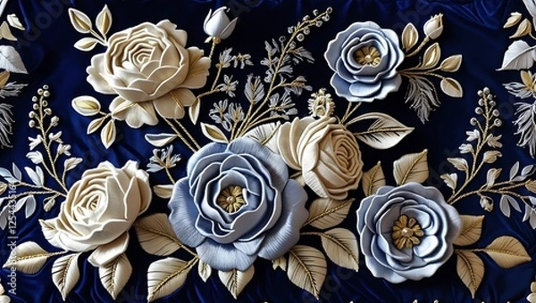 Fototapeta blue and gold floral design with embossed roses elegant digital artwork with intricate decorative vintage texture