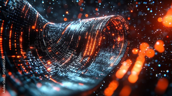 Obraz A futuristic glowing fabric embedded with vibrant orange and red digital threads.
