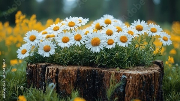 Fototapeta Vibrant daisies blooming atop a rustic tree stump in a lush, sunny meadow filled with wildflowers