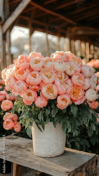Fototapeta A vibrant bouquet of pink peonies in a rustic setting, showcasing nature's beauty in a floral shop