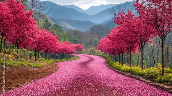 Fototapeta Serene pathway lined with vibrant pink cherry blossoms leading to distant mountains under a cloudy sky