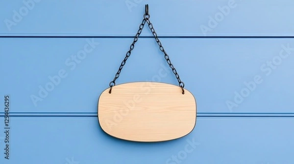 Fototapeta Blank wooden sign hanging on a blue wall, ideal for customizable messages or branding