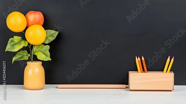 Fototapeta A vibrant arrangement of artificial fruits in a yellow vase beside colorful pencils on a desk