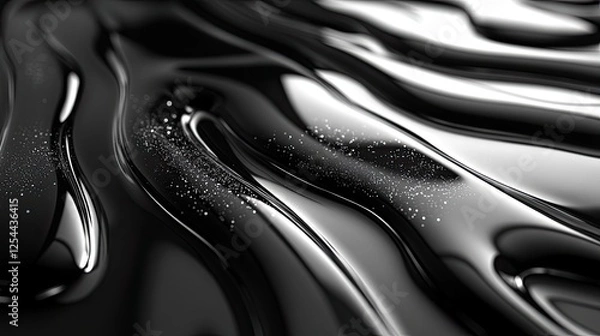 Fototapeta Smooth, flowing black liquid with shimmering particles, creating an abstract, artistic background