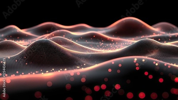 Fototapeta Abstract representation of flowing waves with glowing particles in a dark environment