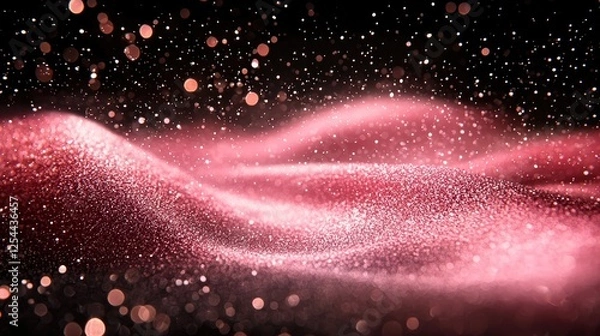 Fototapeta Shimmering pink waves of sparkling particles create a dreamy atmosphere against a dark background