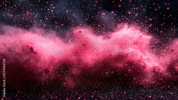 Fototapeta Vibrant pink powder explosion creating dynamic patterns against a dark background, evoking energy