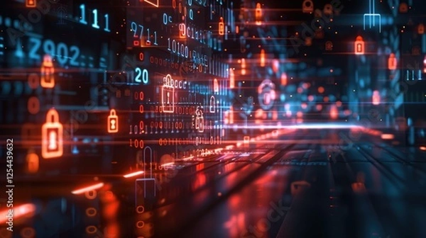 Fototapeta Glowing symbols and icons representing secure data privacy and compliance