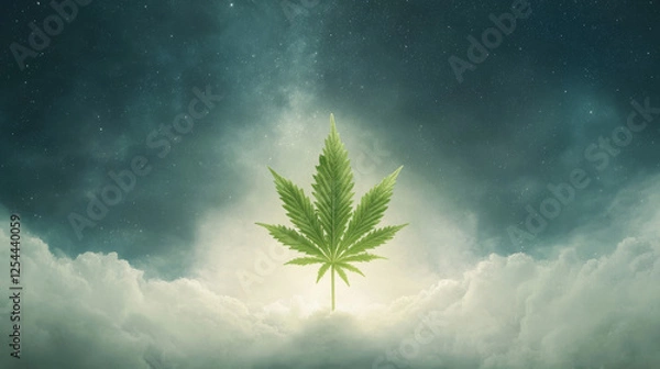 Obraz Cannabis Leaf against starry sky with clouds. Marijuana Leaf