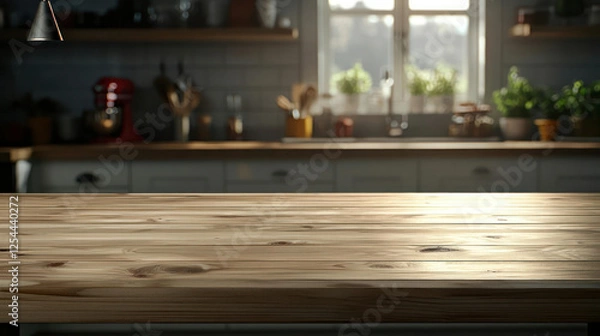 Fototapeta Rustic Wooden Kitchen Tabletop With Blurred Background