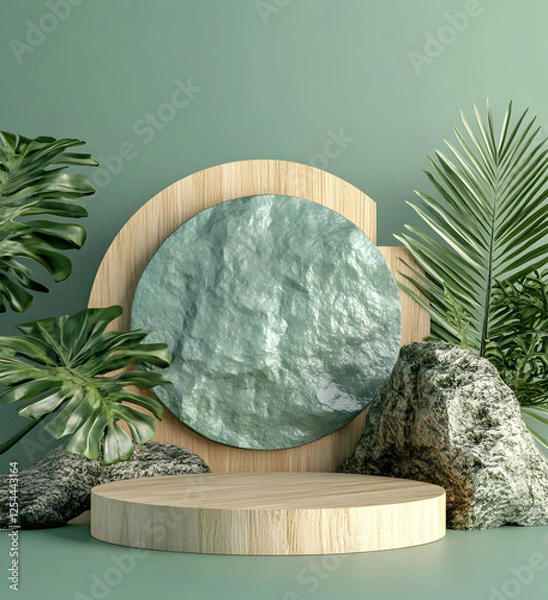 Fototapeta Nature-inspired product display, wood, stone and tropical leaves create a serene and earthy backdrop for showcasing items with organic textures