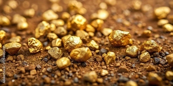Fototapeta Small gold nuggets scattered on a rough dirt surface with visible granules and tiny rocks , earthy tones