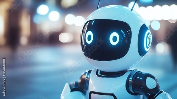 Fototapeta A cheerful, futuristic droid support worker with a playful black-and-white design, set against a soft blur background with vibrant lighting. Perfect for tech and AI-themed projects