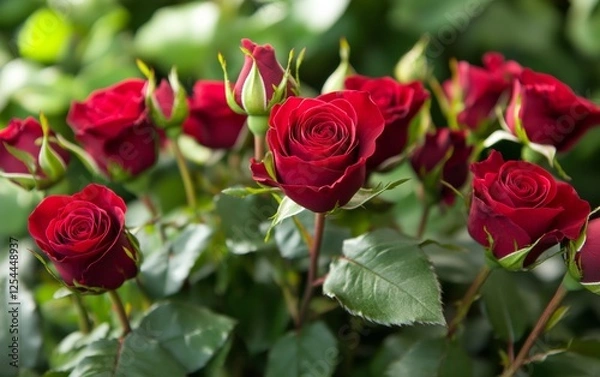 Fototapeta A bunch of red roses are in a garden