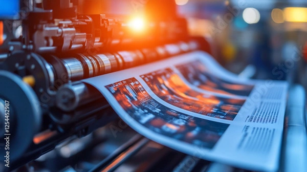 Obraz A modern shiny metal printing press with a bright tone and blurred background, symbolizing the intersection of technology and communication, capturing the concept of chaos in a controlled space